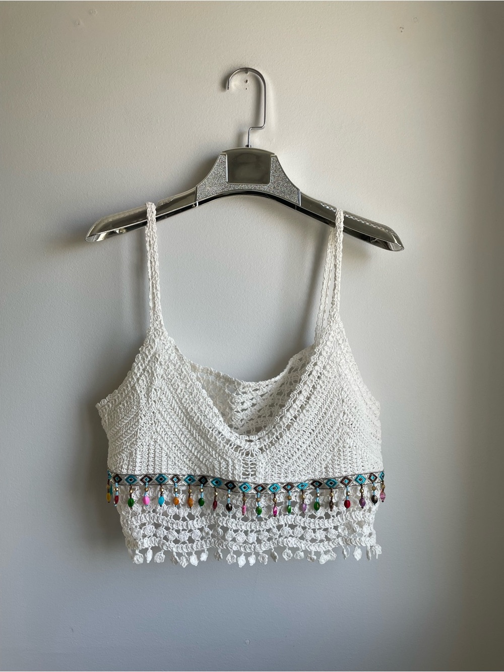 Unique White Crochet Crop Top with Multicolor Beaded Trim-Boho-Festival